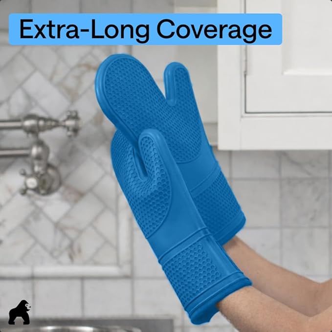 GORILLA GRIP BPA-Free Soft Silicone Oven Mitts, Heat Resistant and Waterproof Cooking Gloves, Thick Cotton Lining, Flexible Gripping for Baking Grilling, Kitchen Potholders Set of 2, 12.5x8.3, Aqua