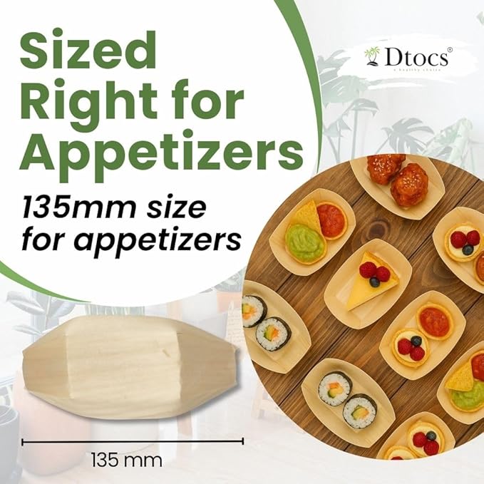 Dtocs 135mm Disposable Wooden Boat Plates 50 Pcs. Biodegradable Wood Serving Boats | Eco-Friendly Food Boats for Sushi, Desserts, Appetizers, Snacks | Alternate to Plastic, Bamboo, Paper Plates