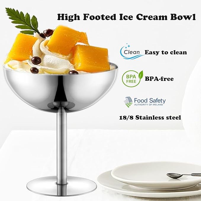 Ice Cream Bowls Stainless Steel Dessert Cups with Spoons Reusable Footed Sundae Cups Ice Cream Cups for Dessert, Frozen Yogurt, Gelato, Birthday Party Decorations (1, Silve)