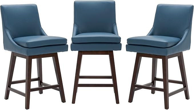CHITA Counter Height Swivel Bar Stools Set of 3, FSC Certified Upholstered Faux Leather Barstool Chairs with Back, 26.8" H Seat Height, PU Leather in Dark Blue