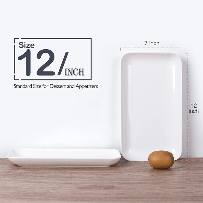 DELLING Large Serving Platter Set 12in White Rectangular Serving Plates/Salad Dish - Big Serving Trays for Parties Meat, Sushi, Dinner Plate Oven Safe Dinnerware Set of 3