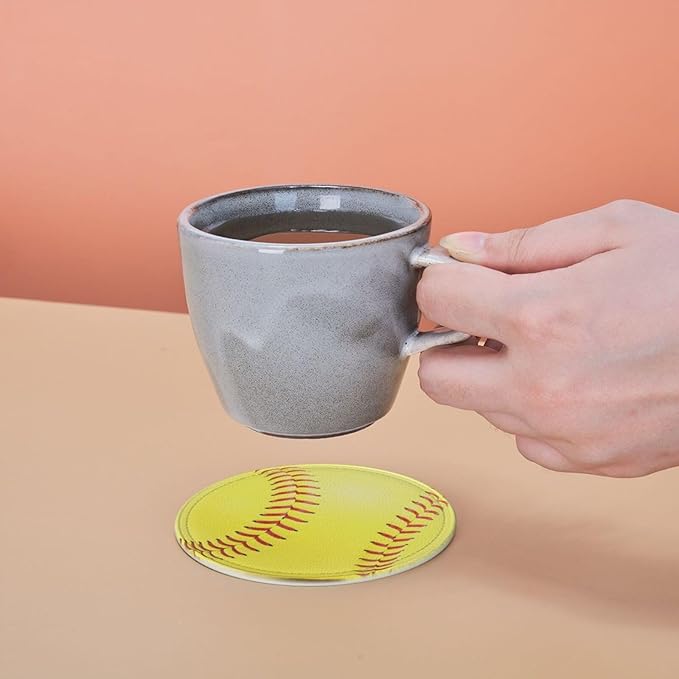 Softball Yellow Coasters for Drinks with Holder Round Leather Coasters Set of 6 Cups Mugs Mat Pad for Home Kitchen Bar