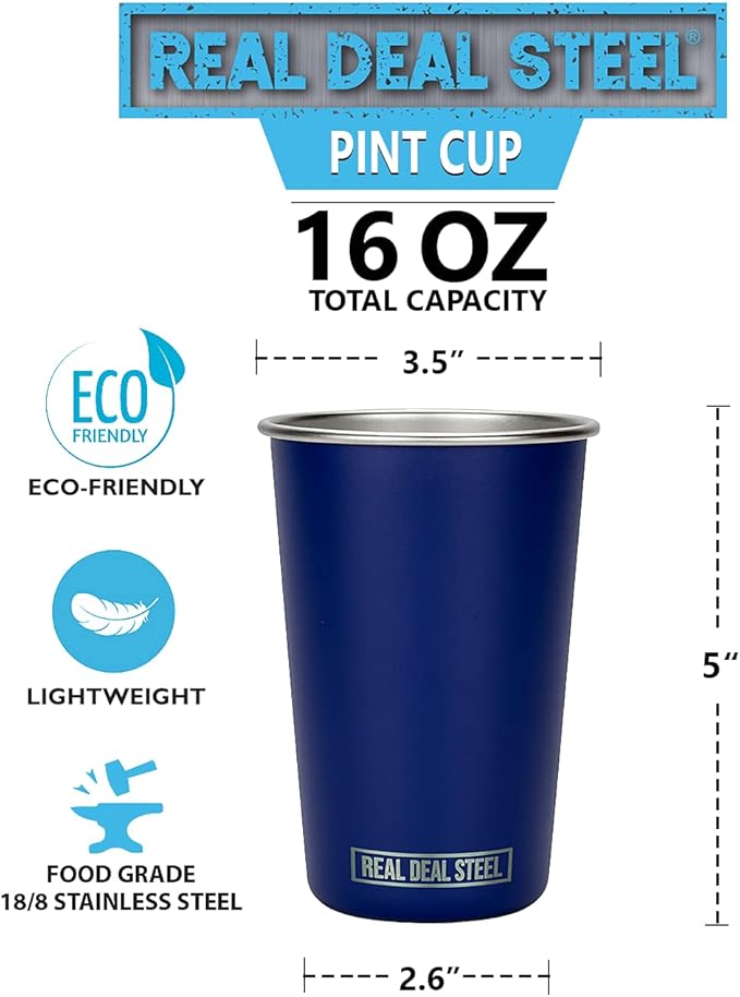 Real Deal Steel Party Pints: 16 oz Pint Cups, Stackable Tumblers, Eco Friendly Premium Metal Drinking Glasses