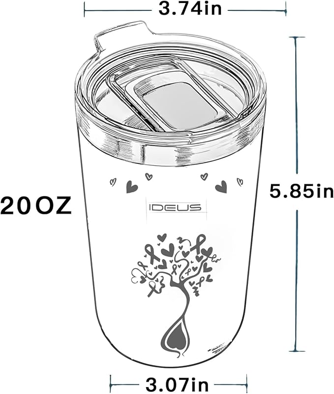 Ideus 20 oz Tumbler, Travel Coffee Mug with Splash Proof Sliding Lid, Double Wall Stainless Steel Vacuum Insulated Coffee Mug for Home and Office, Keep Beverages Hot or Cold, Pink Ribbon