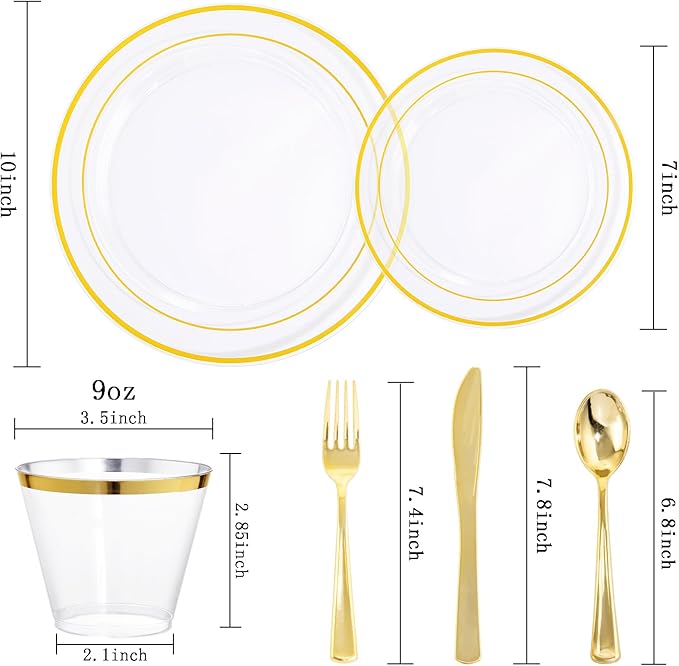 bUCLA 300Pcs Clear Gold Plastic Disposable Dinnerware Set - Clear Plates with Gold Trim Include 50 Dinner / 50 Dessert Plates,50 Cups,150 Plastic Silverware Set for Party