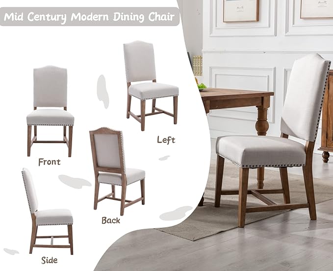 CIMOTA Mid Century Modern Dining Chairs Set of 4, Farmhouse Upholstered Dining Room Chairs Comfortable Kitchen Side Chairs with High Back/Natural Solid Wood Frame, Linen Beige