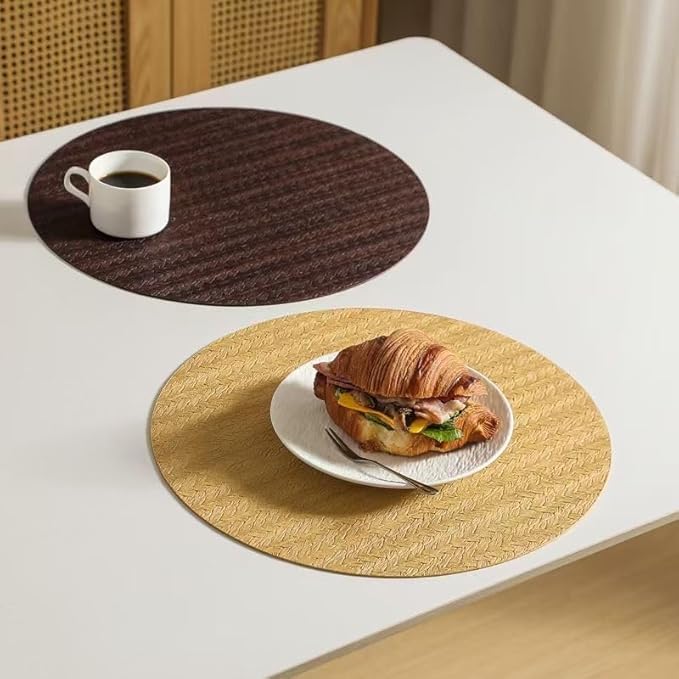 PIGCHCY Round 15" Water-Resistant Placemats Set of 6, Premium Faux Leather Placemats PVC Easy Clean Table Mats for Hotels Outdoor Dining, Wedding Decor (Black)