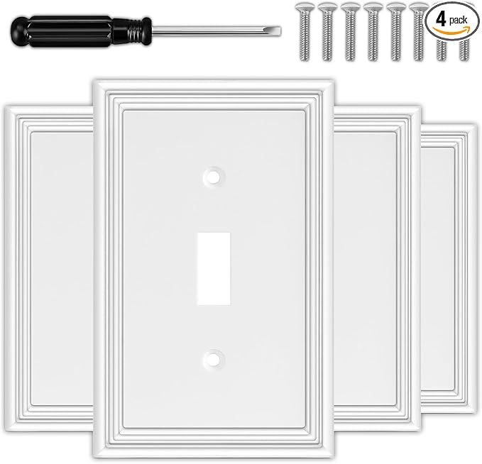White Decorative Single Toggle Light Switch Covers Wall Plate, Natural Material Switch Plate Covers - Modern Style (1 Gang Toggle 4 Pack)
