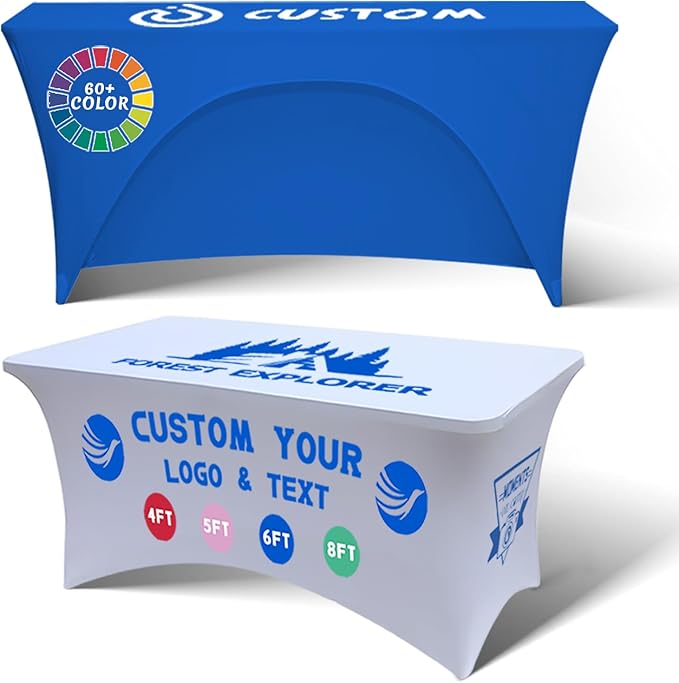 Personalized Table Cloth with Logo Image Customized Tablecloth 4FT/5FT/6FT/8FT Spandex Customized Table Cover Promotional Business Tradeshow Events Birthday Party Wedding (8FT Spandex(Open back))