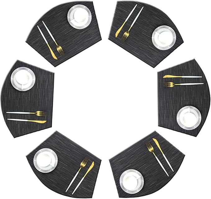 Wedge Placemats for Round Table Woven Vinyl Heat Resistant Washble Easy Clean Table Mats Set of 6（Black）