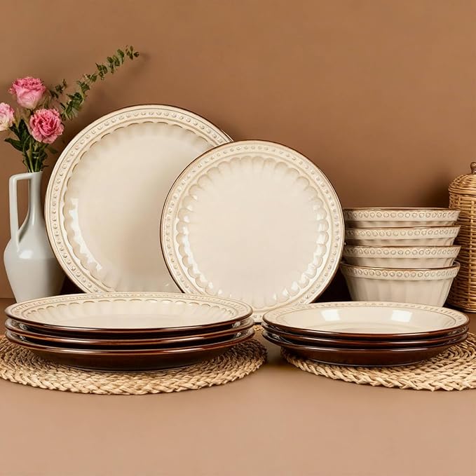 Dinnerware Set Cream White 12 Pieces Service for 4, Stoneware Plates and Bowls Set Stoneware Set, Dishwasher Microwave Safe Dishes set