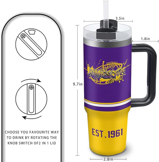 Minnesota 30 oz Tumbler with Handle and Straw,Car cup,Coffee Mug,100% Leakproof Insulated Tumbler with Lid and Straw,Made of Stainless Steel,Cup Holder Friendly Base,Classic Collection Gifts for Fans