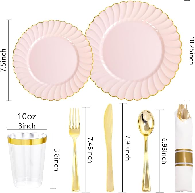 YOUBET 350PCS Pink Scalloped Plastic Plates - Pink and Gold Disposable Dinnerware Set Include 100 Plates, 150 Gold Silverware, 50 Cups, 50 Napkins for Wedding & Party Valentines Day