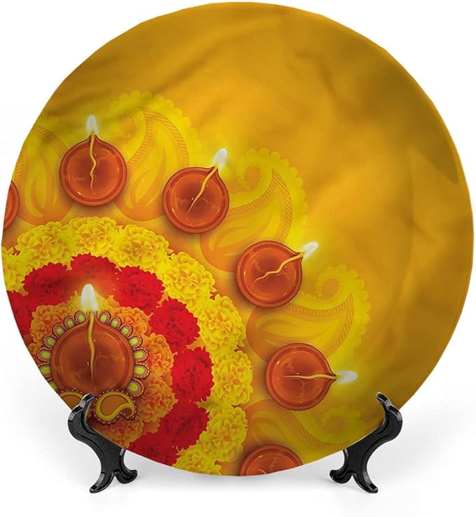 Decorative Plates, Diwali Print Ornament, Flowers Diwali Festive, 6 Inch, Kitchen Wall Decor, Multicolor
