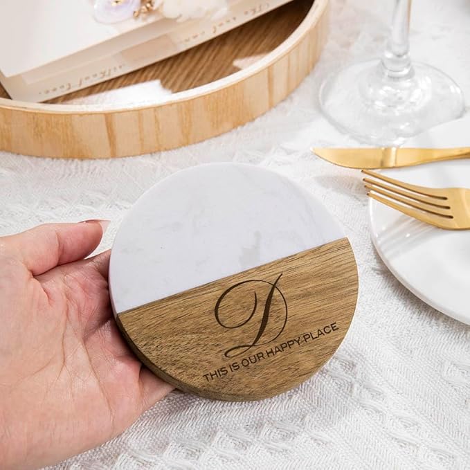 Personalized Glass Coaster Wood Marble Cup Coaster Custom Name and Text 4 Design Optional Gifts for Family