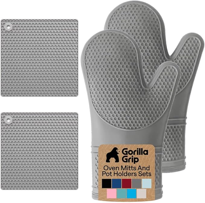 GORILLA GRIP BPA-Free Soft Silicone Oven Mitts and Pot Holders Sets of 4, Heat Resistant Waterproof Cooking Gloves, Thick Cotton Lining, Flexible Gripping for Baking Grilling, Kitchen Trivets, Gray