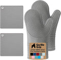 GORILLA GRIP BPA-Free Soft Silicone Oven Mitts and Pot Holders Sets of 4, Heat Resistant Waterproof Cooking Gloves, Thick Cotton Lining, Flexible Gripping for Baking Grilling, Kitchen Trivets, Gray