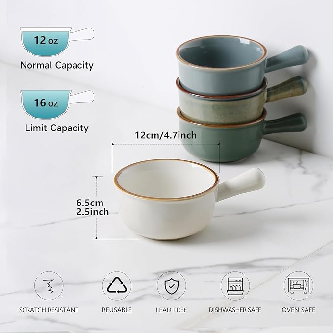 MONITO 16 Oz French Onion Soup Bowls, Ceramic Soup Bowls with Handles, Stackable Soup Crocks Oven Safe for Chili, Beef Stew, Cereal,Casseroles Microwave & Dishwasher Safe, Set of 4