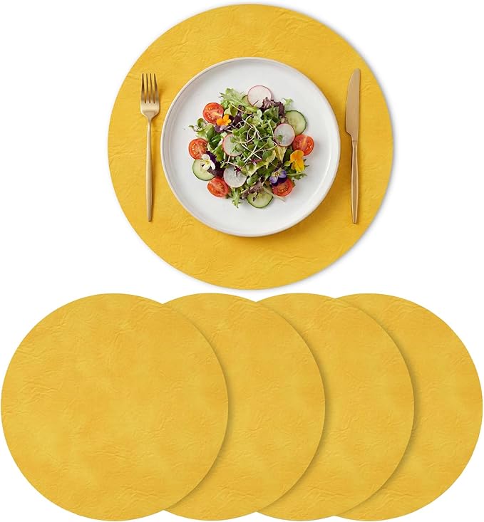 Artoid Mode Yellow Faux Leather Placemats Set of 4, 15 Inch Waterproof Wipeable Heat Resistant Vinyl Place Mats, Reversible Table Mats for Summer Kitchen Dining Decor