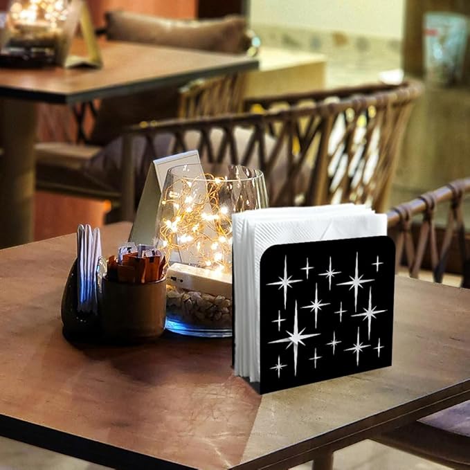 Stars Decorative Black Metal Napkin Holder for Table, 5.3" x 4.9" x 1.9" Geometry Standing Napkin Holder for Home Kitchen Restaurant Picnic Party Coffee Bar Dining Room