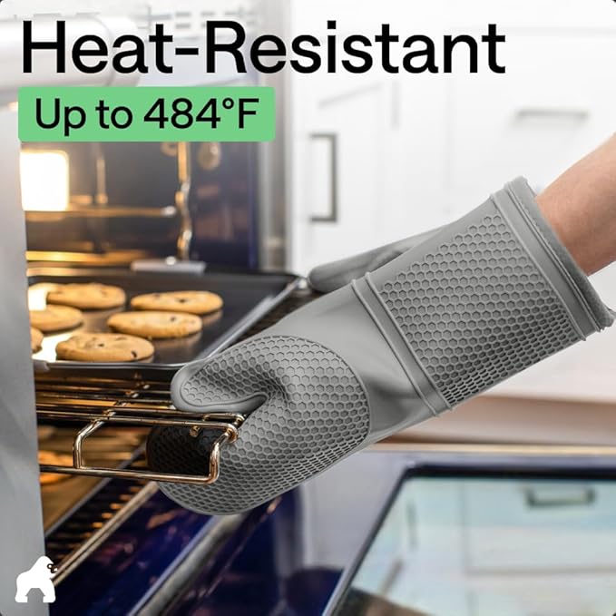 GORILLA GRIP BPA-Free Soft Silicone Oven Mitts, 14.5x8.3, Heat Resistant and Waterproof Cooking Gloves, Thick Cotton Lining, Flexible Gripping for Baking Grilling, Kitchen Potholders Set of 2, Gray