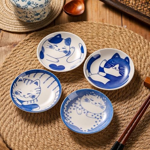 VanEnjoy Small Cute Ceramic Dishware Sets, Kawaii Cat Plates, Blue Shushi Plate Set Of 4, Japanese Plates, Dessert Plates Ceramic - Image 3