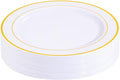 bUCLA 30PCS White and Gold Plastic Dinner Plates Disposable - 10.25inch Premium White Gold Rim Plates, Ideal for Wedding & Party