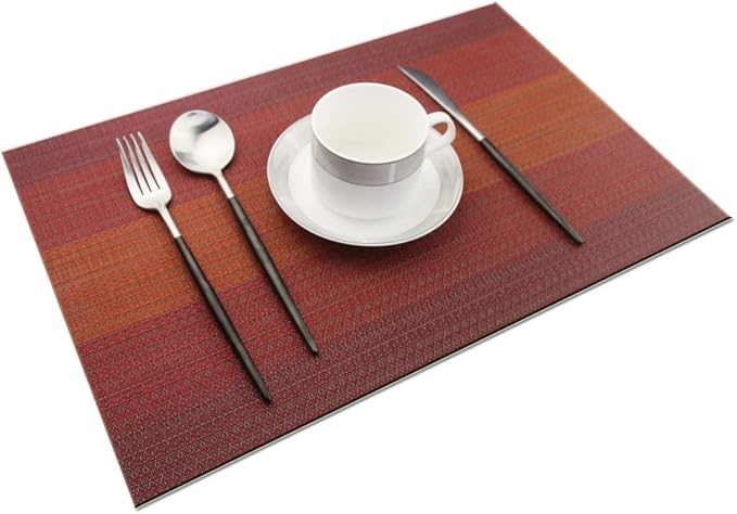 Placemats Washable Easy to Clean PVC Placemat for Kitchen Table Heat-resistand Cross Weave Vinyl Round Table Mats 12x18 inches Set of 6 （Red）