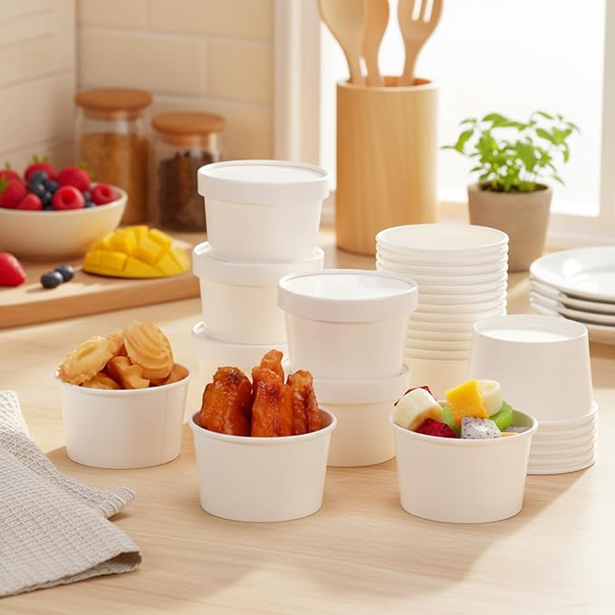 Fulmoon 100 Pack Paper Soup Containers with Lids Disposable Paper Food Containers with Vented Lid Kraft Ice Cream Cake Dessert Cups Soup Bowl for Party Hot Food Fruit Microwave(5 oz,White)