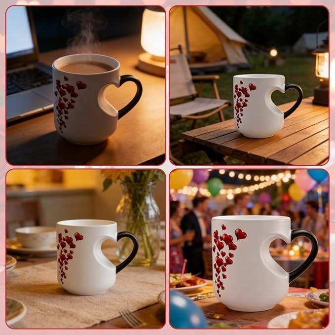 Heart-Shaped Color Changing Magic Ceramic Mug, Funny Heat Sensitive Coffee Cup Reveals Surprise Design with Hot Drinks for Valentine's Day & Anniversaries (1pcs)