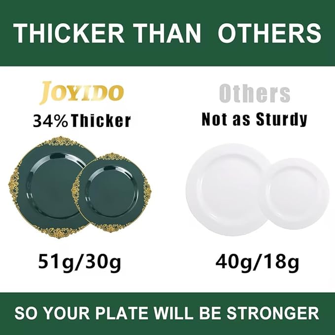 102PCS Green Plastic Plates - Green and Gold Plates - Fancy Heavy Duty Disposable Plate - Heavyweight Dinner & Dessert Plate for 51 Guests for Party & Wedding