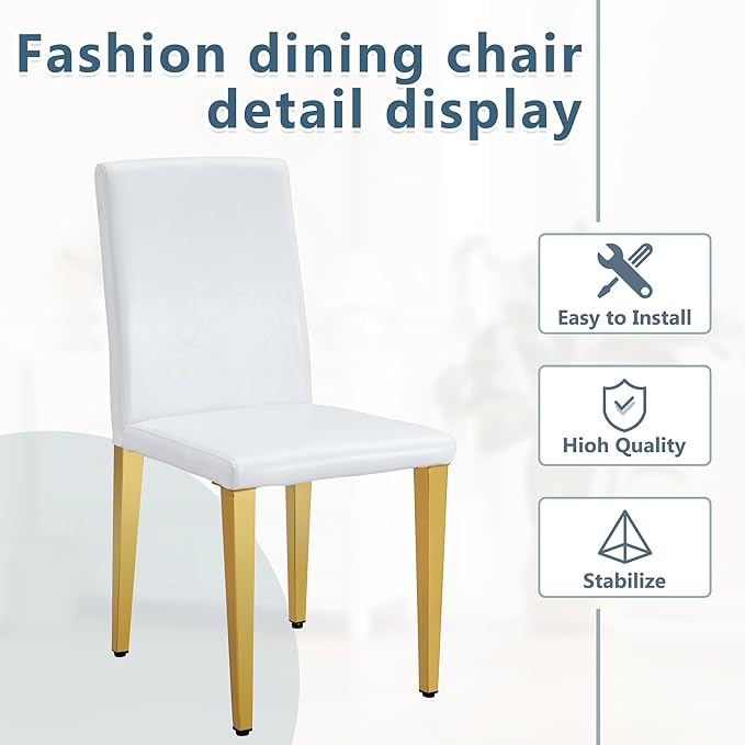 White Dining Chairs Set of 8,Faux Leather with Gold Metal Legs,Armless Kitchen Room Chairs Set of 8,Max Load 300 Lbs,High Back Modern Design for Home Kitchen Living Room Bedroom