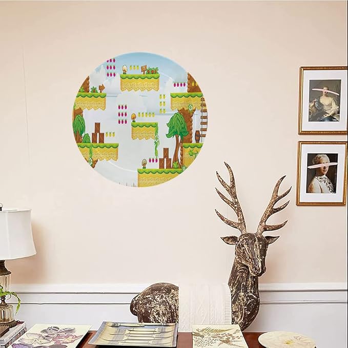 Decorative Plates, Video Games Print Ornament, Cartoon Retro Computer Graphic Kids Western, 7 Inch, Kitchen Wall Decor, Multicolor