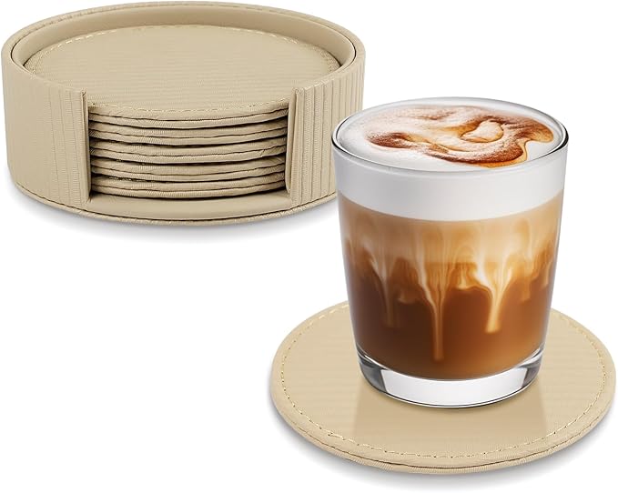 6 Pcs Premium Leather Coasters with Holder, Tabletop Protection, Coffee Table & Bar Decoration, Modern-Style Drink Coasters Suitable for Home Dining Tables & Kitchen Accessories (Beige Stripe)