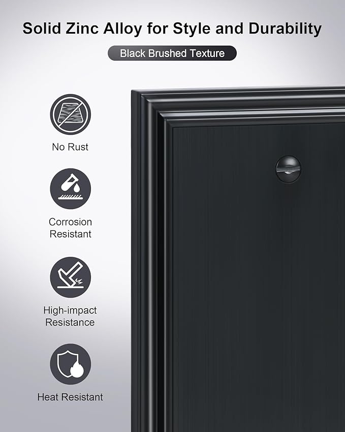 2-Pack Single Blank Wall Plates, Durable Solid Zinc Alloy Blank Outlet Covers, Decorative Black Wall Plate Cover for Unused Outlets/Switches, Corrosion Resistant