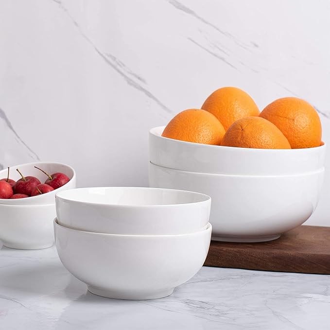 DELLING 30 OZ Ceramic Soup Bowls Set of 6 - Large White Serving Bowls for Kitchen, Pasta, Salad, Rice, Oatmeal, Microwave Safe