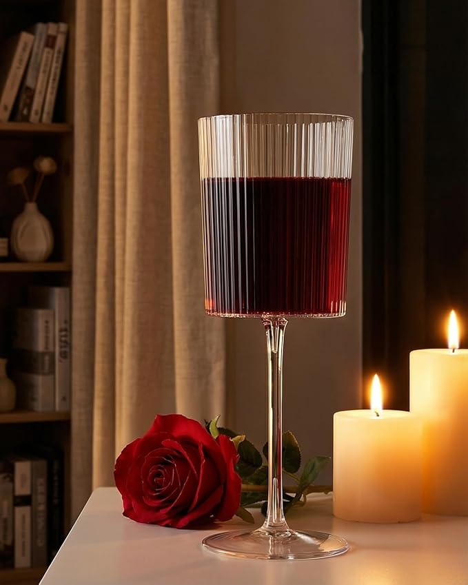 Ciaell 12 PCS Plastic Ribbed Wine Glasses - 10 OZ Plastic Square Wine Glasses with Stem - Disposable Champagne Cups for Parties & Weddings & Party & Valentine's Day