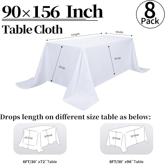 8 Pack White Tablecloth 90 x 156 Inch Rectangular Table Cloth for 8 Foot Rectangle Tables, Wrinkle Resistant Washable Polyester Fabric Table Covers for Wedding Party Banquet Buffet and Camping