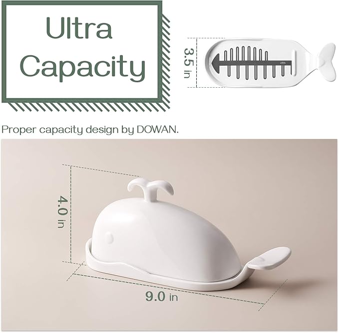 DOWAN Porcelain Butter Dish With Cutting Measuring Line, Large Whale Butter Dish with Cover of Non-slip Design, Ceramic Butter Dishes with Handle for East/West Coast Butter, Soft White