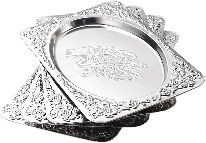 4-Pack Silver Serving Trays Set - ZENOVLUX Vintage Floral Engraved Mirror Decorative Tray, 13.8" x 8.7" Party Platters for Valentine's Day, Food, Appetizer, Charcuterie, Cookies, Desserts