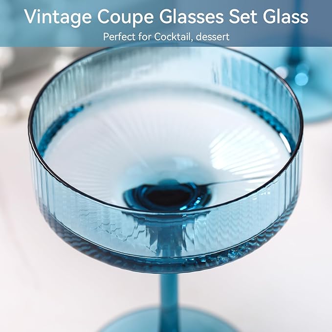 Blue 9 oz Vintage Art Deco Coupe Glasses Set of 6 Ribbed martini Glasses |Vintage Cocktail Glasses Set,Unique Colored Coupe Glass, Classic Cocktail Glassware
