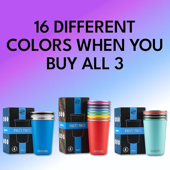 Real Deal Steel Party Pints: 16 oz Pint Cups, Stackable Tumblers, Eco Friendly Premium Metal Drinking Glasses