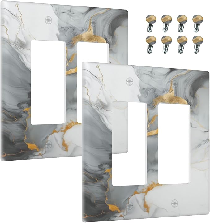 Outlet Covers Gray/Gold Marble Abstract Modern Luxury 2 Gang Light Switch Cover Double Rocker Wall Plate Decorative GFCI Receptacle Electrical Switchplate for Bathroom Bedroom Decor（2 Pack）