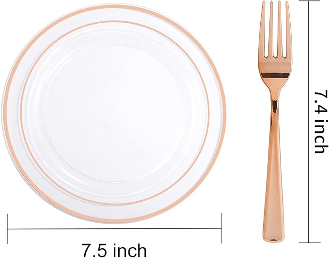 I00000 72 Pcs Rose Gold Plastic Dessert Plates7.5& 70 Pcs Plastic Forks7.4, Premium Salad Plates, Heavy Duty Disposable Plate for Party,Disposable Appetizer Plates Great for Wedding