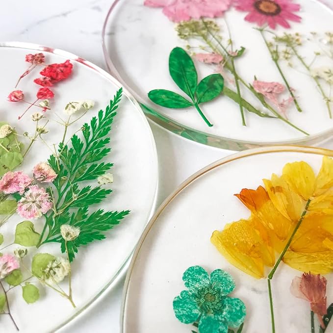 Floral Coasters for Drinks: Handmade Resin Coasters Tabletop Protection Cup Mat Round Coaster Set with Real Flower for Women Coffee Table Home Decor （Set of 6）