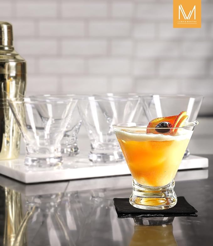 LUNA & MANTHA Martini Glasses Set of 12, Stemless Martini Cocktail Glasses for Margarita, Manhattan, Cosmopolitan, Home Bar, Evening Parties, Birthdays, Housewarming Gift, Crystal Clear 8 OZ