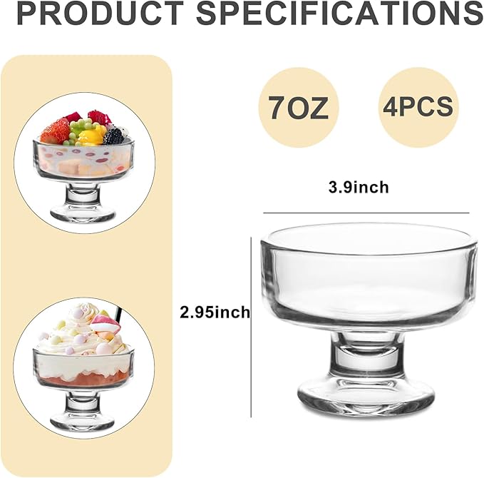7oz Glass Ice Cream Bowls- Versatile Dessert Bowls & Cups for Mixed Drinks, Desserts, Nuts, Fruit, Pudding & Snacks- Perfect for Parties, Gatherings (4)