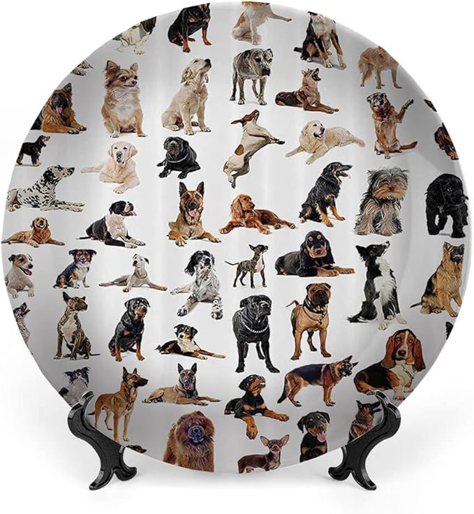 Decorative Plates, Dog Lover Print Ornament, Austratlian Shepherd Pet Italian Mastiff, 10 Inch, 1 Plate with 1 Display Stand, Brown Black