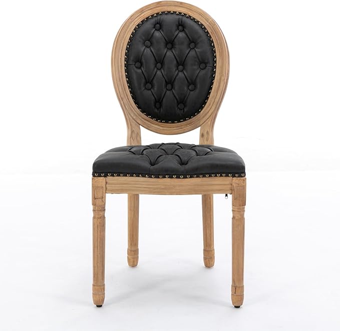 Ball & Cast French Vintage Upholstered Dining Chairs Set of 2, Button Tufted Kitchen Side-Chairs with Carved Antique Wood Frame & Nailhead Trims, PU-Leather Curved Backrest Louis Chair, PU Black