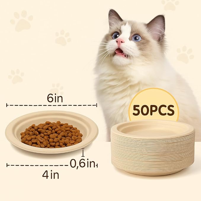 50PCS 6 Inch Disposable Pet Plates for Small Animals, Cats & Puppies, Travel Cat Bowls & Puppy Bowls for Litter, Outdoor Feeding & Travel Pet Food Container, Outdoor Pet Essentials